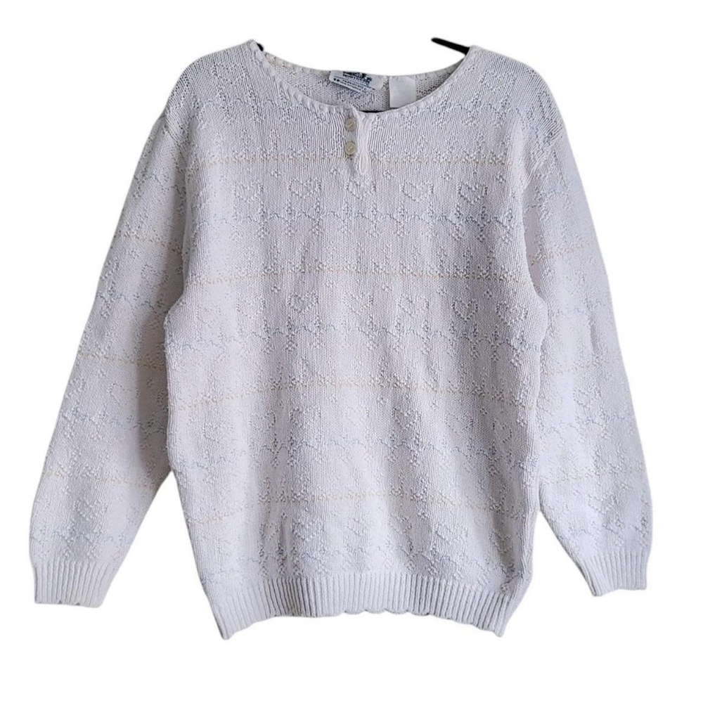 Vintage White Heart Print Textured Knit Sweater